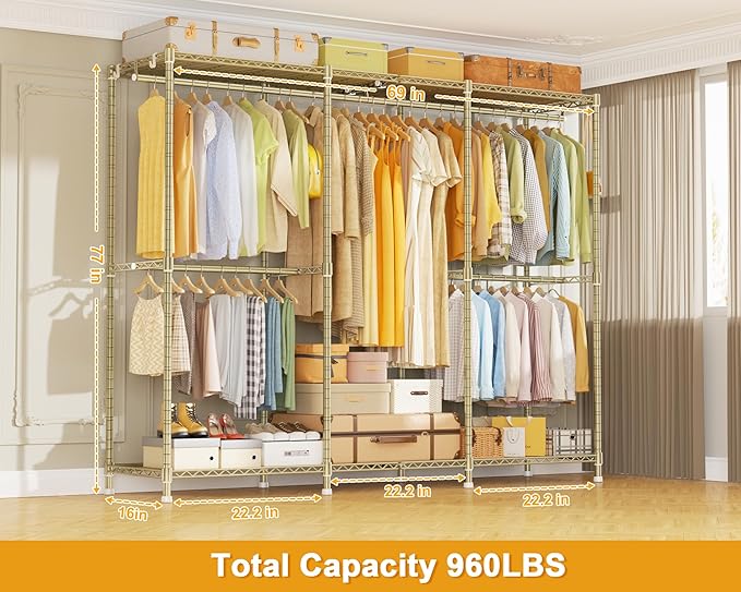 E14 Heavy Duty Clothes Rack，Freestanding Clothing Racks for Hanging Clothes，Adjustable Closet Organizers and Storage，Metal Garment Rack with Shelves 69" W x16 D x77 H，Max Load 960LBS，Gold