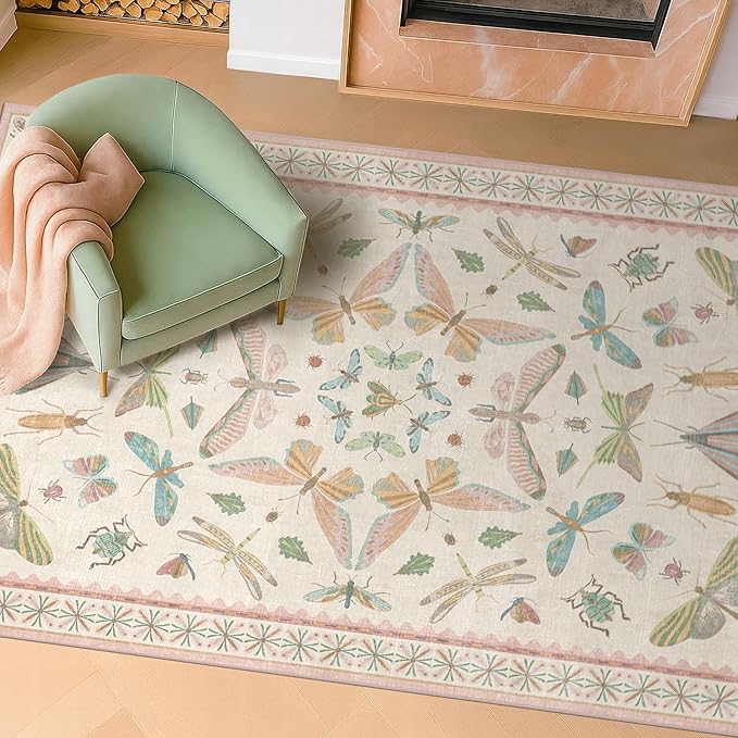 Neutral Girl Nursery Rug 4x6 - Beige & Pink Rugs for Bedroom, Living Room - Washable Low Pile Non-Slip Charming Insect Print Vintage Girly Design, Perfect for Kids Rooms