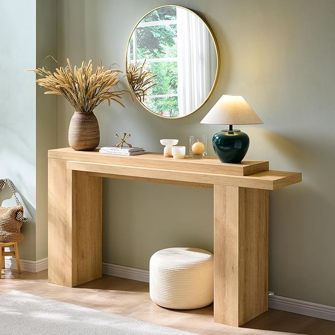 OKD 63 Inch Modern Entryway Console Table, Solid Geometry Accent Sofa Table Behind The Couch, Narrow Console Table for Entryway, Hallway, Living Room, Foyer, Natural Oak