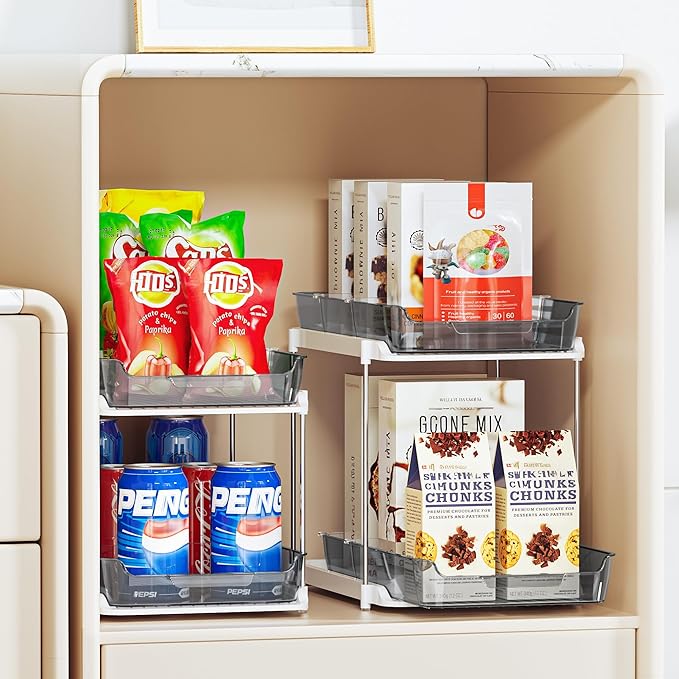 Delamu 2-Tier Multi-Purpose Bathroom Under Sink Organizers and Storage, Stackable Kitchen Pantry Organization, Pull Out Medicine Cabinet Organizer with Movable Dividers, Grey, 2 Pack