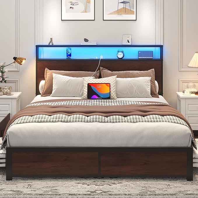Lifezone Queen Bed Frame with 2-Tier Storage Headboard, Metal Platform Bed Frame with 4 Storage Drawers, Built in Charging Station & LED, Noise-Free/Metal Support/No Box Spring Needed, Coffee Brown