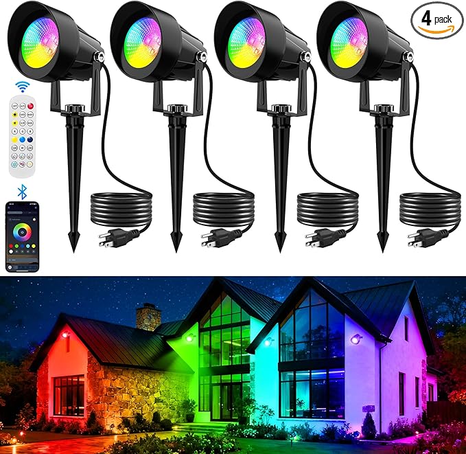 RGB Color Changing Landscape Spotlights Outdoor, Low Voltage LED Landscape Lighting with Remote/APP Control, IP65 Waterproof Outdoor for Yard Garden Pathway Christmas Halloween, 4 Pack