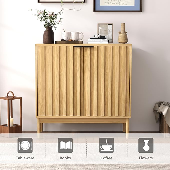 Fluted Cabinet with Storage, Buffet Cabinet Sideborad with Door, Kitchen Buffet Storage Accent Cabinets with Adjustable Shelves for Living Room, Entry, Hallway, Natural