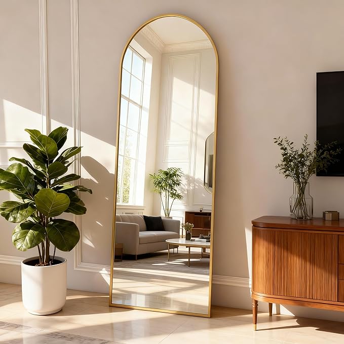 Arched Full Length Mirror, 64" L x 20" W Floor Mirror, Aluminum Alloy Frame, Shatterproof Glass - Free Standing, Leaning or Wall Mounted for Bedroom, Living Room, Entryway, Modern Home (Gold)
