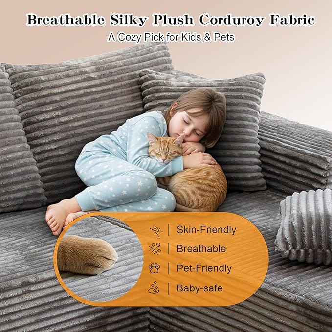 106'' Boneless Couches for Living Room, L Shaped Modular Sectional Sofa with Chaise Lounge, Faux Rabbit Fur & Layered Cushion Deep Seat Cloud Couch, No Assembly (Light Coffee, Left Facing Chaise)