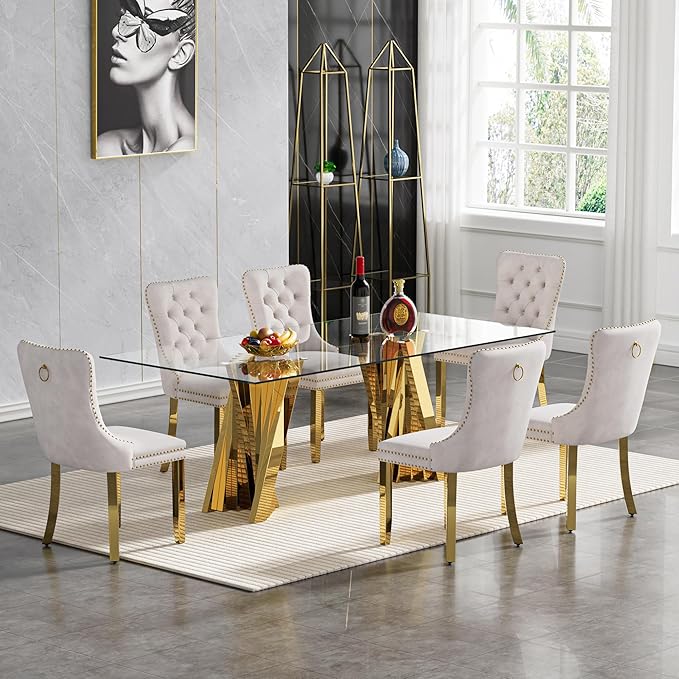 7 Piece Dining Table Set with 6 Beige Dining Chairs, Modern Glass Kitchen Table and Chairs Set for 6, 70" Rectangle Gold Glass Pedestal Dining Room Tables with Flash-Shape Stainless Steel Base
