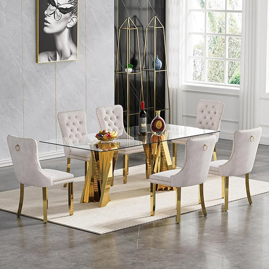 7 Piece Dining Table Set with 6 Beige Dining Chairs, Modern Glass Kitchen Table and Chairs Set for 6, 70" Rectangle Gold Glass Pedestal Dining Room Tables with Flash-Shape Stainless Steel Base