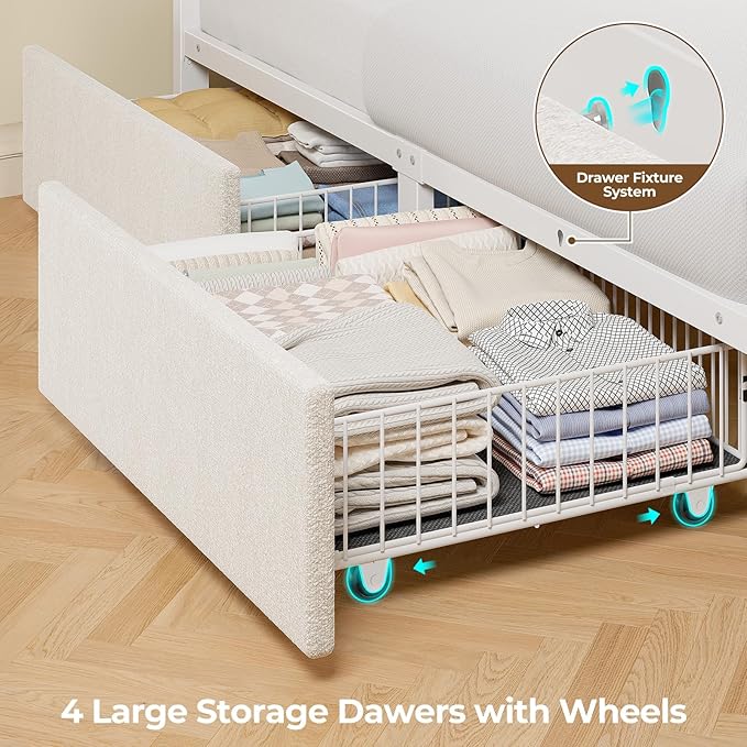 Seventable Queen Bed Frame with 4 Storage Drawers, Charging Station & LED Lights, Upholstered Headboard with 2-Tier Shelves, Metal Platform Bed, No Box Spring Needed, Noise-Free, White