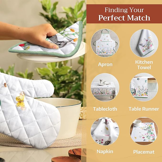 Maison d' Hermine 100% Cotton Oven Mitt & Pot Holder Set (7.5"x13" & 8"x8") Heat Resistant BBQ Cooking Gloves with Loop, Baking, Grilling, Kitchen, Handling Hot Pans Spring/Summer (Printemps)