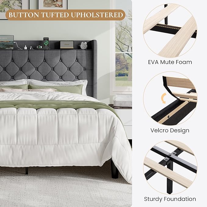 SHA CERLIN Full Size Platform Bed Frame with Charging Station, Velvet Wingback Headboard with Storage shelf, Wooden Slats Support, Ample Under-Bed Space, No Box Spring Needed, Easy Assembly, Dark Grey