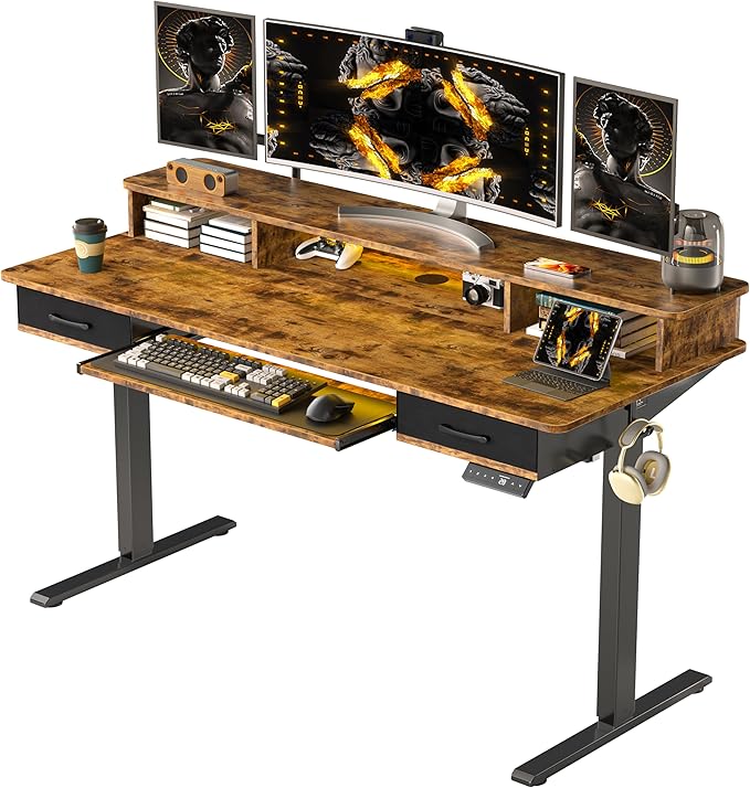 55x24 Inches Electric Standing Desk with Keyboard Tray, Height Adjustable Stand up Desk with 2 Drawers, Ergonomic Sit to Stand Desk with Storage Monitor Stand, Computer Table, Rustic Brown