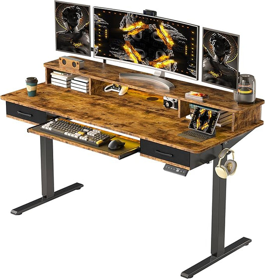 55x24 Inches Electric Standing Desk with Keyboard Tray, Height Adjustable Stand up Desk with 2 Drawers, Ergonomic Sit to Stand Desk with Storage Monitor Stand, Computer Table, Rustic Brown