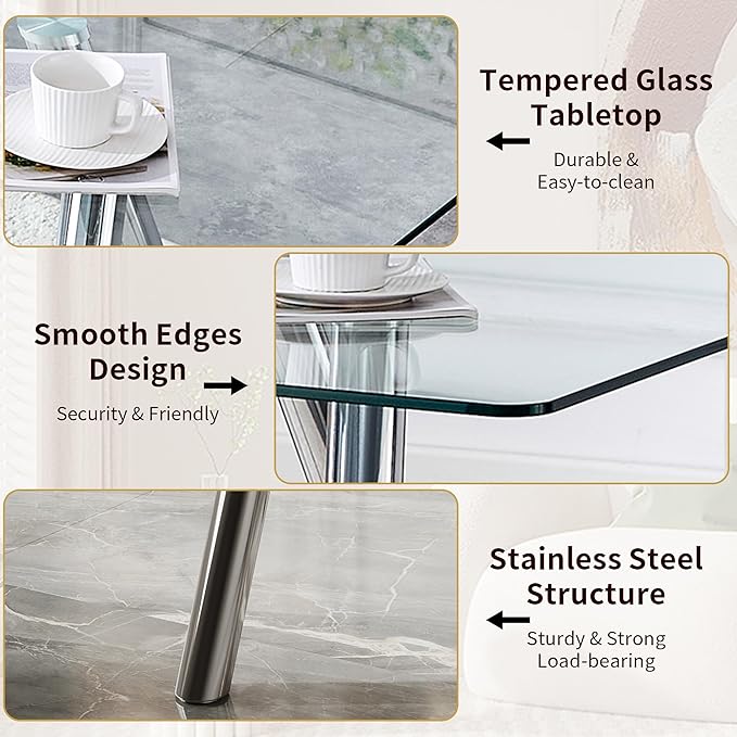 Modern Glass Dining Table for 6, 51.2" Rectangular Dining Table with Tempered Glass Top & Metal Legs, Kitchen Table for Dinner Dining Room Living Room