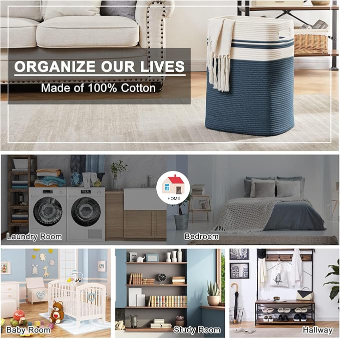 OIAHOMY Laundry Hamper-Laundry Basket,Tall Cotton Storage Basket with Handles,Decorative Blanket Baskets for Living room,Collapsible Large Baskets for Toys,Pillows,Clothes-16x13x22in-Blue