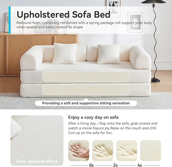 Convertible Folding Mattress Couch, 5-in-1 Futon Sofa with Armrests, Sleeper Mattress Sofa Bed Comfy Fold Out Bed for Living Room, Bedroom, Lounge,Guest, Office (Beige White)