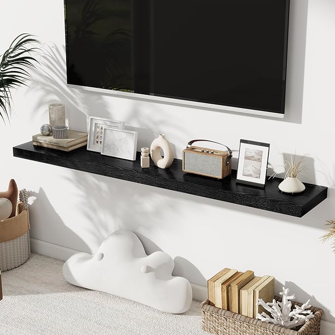 Fun Memories Black Floating Shelves for Wall Set of 2, 28" Black Floating Shelves for Home Decor, Rustic Wood Wall Mounted Shelf, Hanging Deep Shelf for Living Room, Bedroom, Bathroom, Kitchen