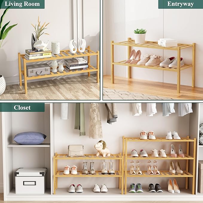 Smiry Shoe Rack, 6 Tier Bamboo Shoe Organizer, Stackable Free Standing Wooden Shoe Storage Shelf for Closet, Entryway, Front Door Entrance, Natural