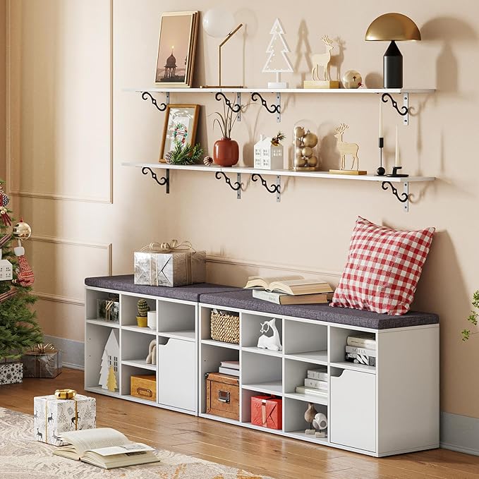 DINZI LVJ Long Wall Shelves, 23.6" Large Floating Shelves Set of 2, Farmhouse Display Shelf Wall Mounted with Heavy Duty Brackets, Easy Assembly for Kitchen, Bathroom, Bedroom, Balcony, White