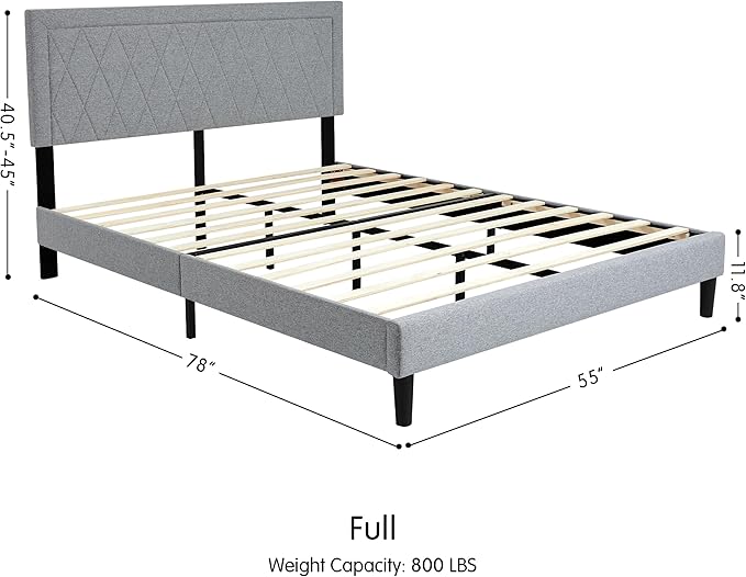 Hokway Bed Frame Upholstered Platform Bed with Headboard Wooden Slat Support No Box Spring Needed(Full, Light Gray)