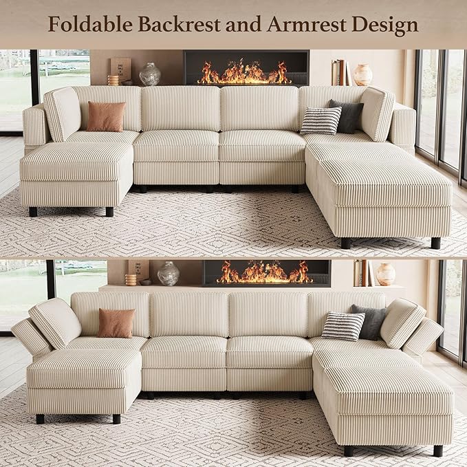 114.2" Modular Sectional Sofa with Deep Storage Seat,Corduroy 7 Seat U Shaped Sofa Couch,Modular Sofa Couch with Movable Ottoman Chaise,Upholstered Sectional Couches for Living Room,Beige