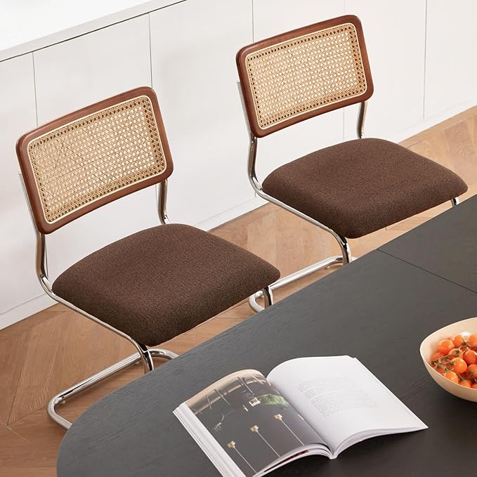 Brown Rattan Dining Chairs Set of 2, Wooden Mid-Century Modern Kitchen Chairs, Mesh Back Cane Dining Room Chairs, Cesca Chair with Metal Chrome Legs