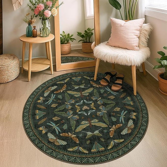 Vintage Dark Green 4ft Round Small Rug for Entryway Indoor - Soft Washable Circle Throw Rugs for Living Room, Home Office, Reading Corner, Insect Stain Resistant Kitchen Carpet, Boho Home Décor