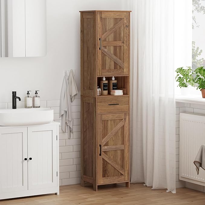 Homhedy 67" H Tall Bathroom Storage Cabinet with 2 Barn Doors and 1 Drawer, Narrow Storage Unit, Adjustable Shelves, Floor Cabinet for Bathroom, Living Room, Entryway, Kitchen, Rustic Walnut, (15.7"W)