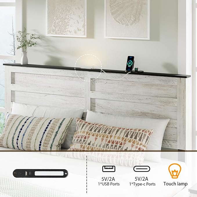 Queen Size Bed Frame with Wood Headboard, Wooden Platform Bedframe with Sliding Barn Door Footboard and Charging Station Easy Assembly, No Box Spring Needed (Boho White, Queen)