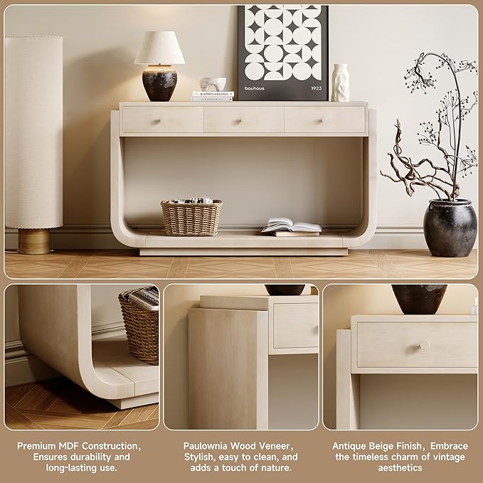 Merax 55" Entryway Table with 3 Drawers, Natural Wood Grain Finish Console Table with Fluted Design for Entryway and Living Room (Beige)