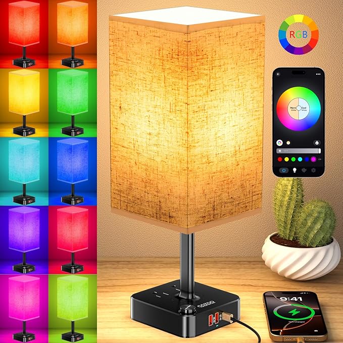 RGB Color Changing Lamp - Multi Color Desk Table Lamp with 2 AC Outlets, Stepless Dimming, Built-in USB-C + USB Charging Ports, Modern LED Bedside Lamp for Bedroom,Living Room, Dorm, or Home Office