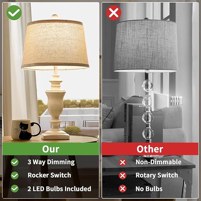 23" Farmhouse Table Lamps Set of 2, 3 Way Dimmable Lamps with 2 LED Bulbs and Rocker Switch, Vintage Nightstand Lamp for Bedroom Living Room Office End Table Entryway, White