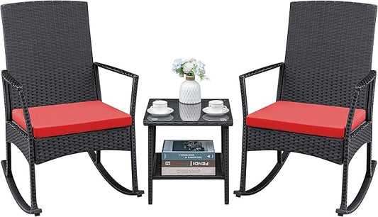 Greesum 3 Pieces Patio Furniture Set Outdoor Wicker Rocking Chairs with Glass Coffee Table for Garden Backyard Porch Poolside, Red