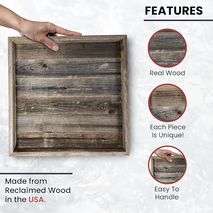 Wooden Ottoman Tray with Felt Pad – Decorative Couch Serving Tray Made with Real Rustic Reclaimed Wood - Perfect for Living Room Ottomans, Sofas, & Coffee Tables -18" x 18"- Natural Weathered Gray