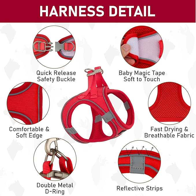 GAMUDA Small Pet Harness Collar and Leash Set, Step in No Chock No Pull Linen Fabric Soft Mesh Dog Vest Harnesses Reflective for Dogs Puppy Cats Kitten Rabbit (Red, L)