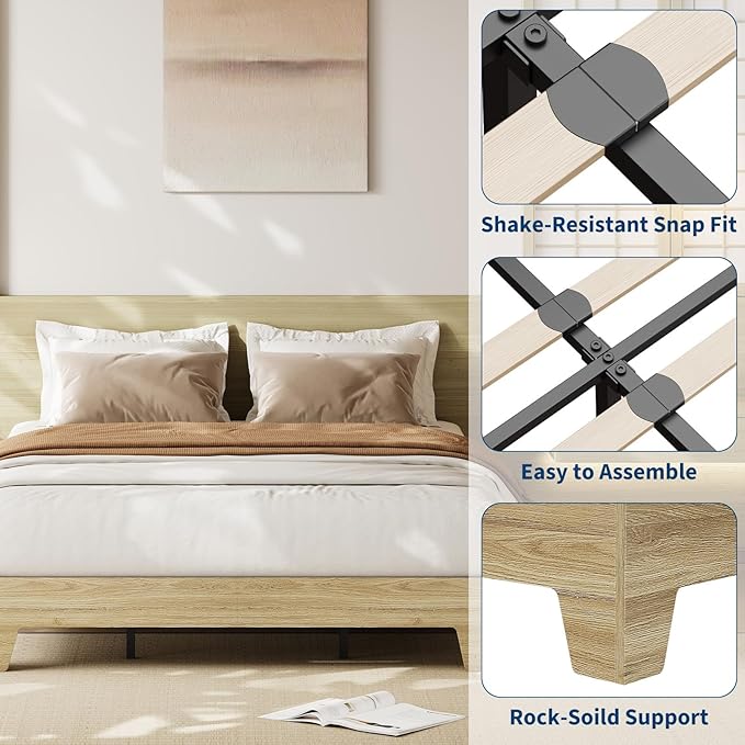 Garvee Wood Platform Bed Frame, Queen Size Bed Frame, Wood Slat Support, No Box Spring Needed, Easy Assembly, Noise-Free Design, Underbed Space for Storage