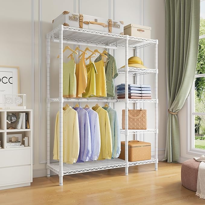 VIPEK V7 Garment Racks for Hanging Clothes Heavy Duty Clothes Rack with Shelves, Portable Closet Rack Metal Clothing Racks 5 Tiers Freestanding Closet Wardrobe System, Max Load 670lbs, White