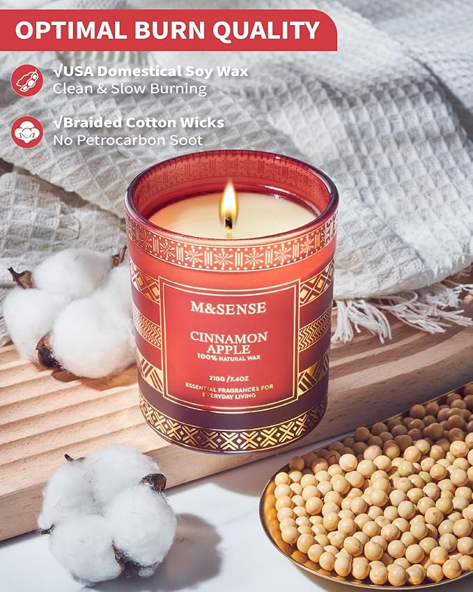 M&SENSE Christmas Candle, Cinnamon Apple Scented, Natural Non Toxic Soy Candle for Home Scented, Xmas Thanksgiving Gift, 45 Hour Long Burning Time, Luxury Gift for Men Women, 7.4 Oz