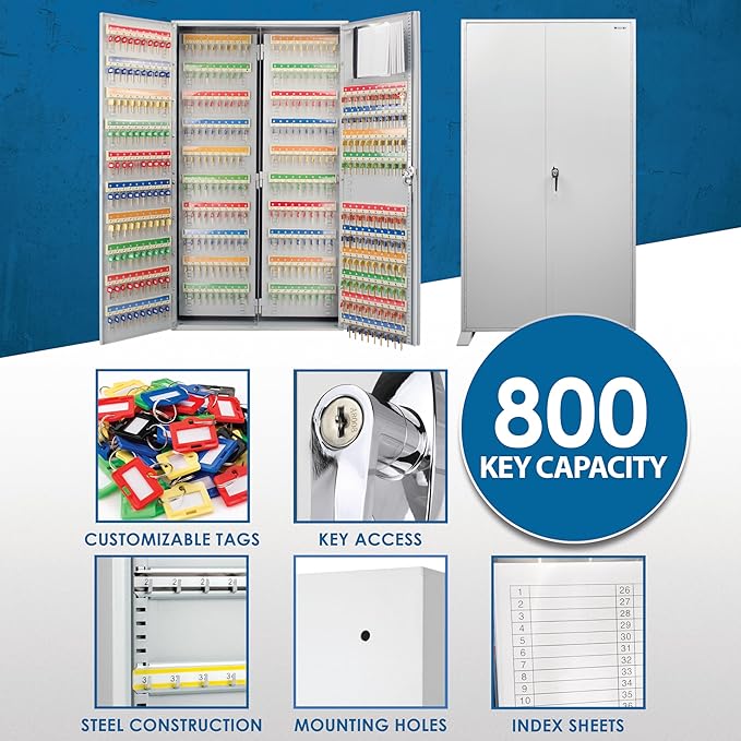 Barska 800-Position Key Lock Box – Solid Steel Key Cabinet with Adjustable Numbered Hooks, Key Log Sheet, Color Tags & Index Chart – Wall-Mount Organizer, Grey Finish
