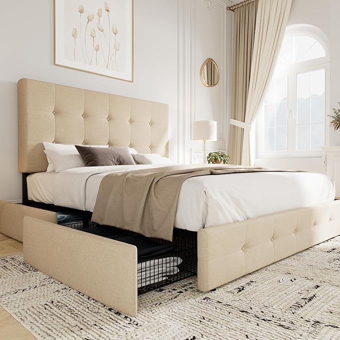 Allewie Upholstered Queen Size Platform Bed Frame with 4 Storage Drawers and Headboard, Square Stitched Button Tufted, Mattress Foundation with Wooden Slats Support, No Box Spring Needed, Beige