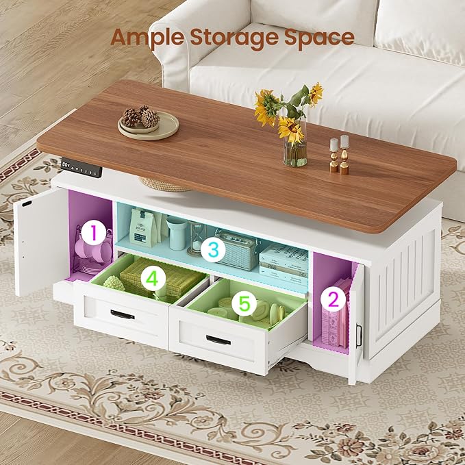 SEDETA 47.2" Electric Standing Coffee Table with Storage, Farmhouse Lift Top Coffee Table with Drawers and Open Shelves, Height Adjustable Tables with Power Outlet, for Living Room, White
