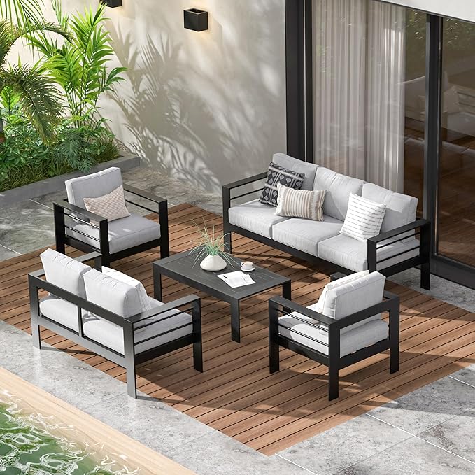 Wisteria Lane Aluminum Patio Furniture Set, 7 Seats Outdoor Conversation Set, Sectional Metal Sofa with 5 Inch Cushion and Coffee Table for Balcony, Backyard, Garden, Black Frame and Grey Cushion