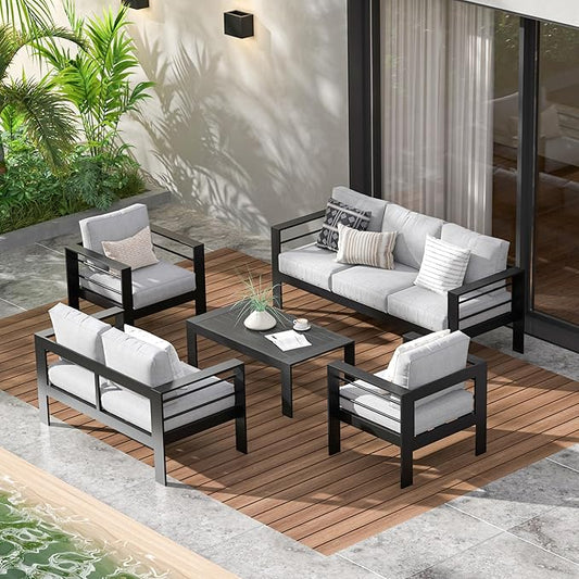 Wisteria Lane Aluminum Patio Furniture Set, 7 Seats Outdoor Conversation Set, Sectional Metal Sofa with 5 Inch Cushion and Coffee Table for Balcony, Backyard, Garden, Black Frame and Grey Cushion