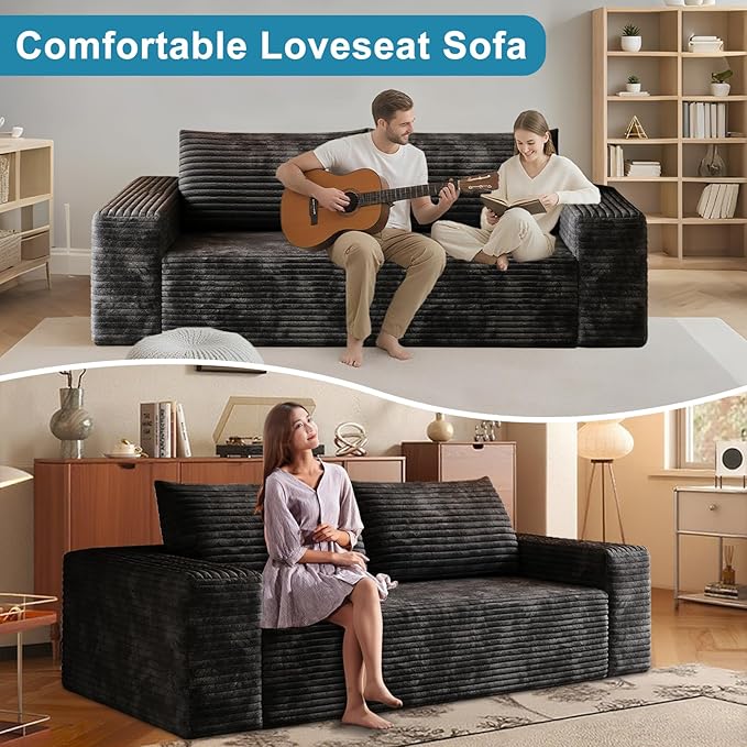 Saiveina 63" Corduroy Loveseat Sofa, Deep Seat Comfy Couch with Backrest and Armrests, No Assembly Required, 2 Seater Couch for Living Room Bedroom Apartment, Black