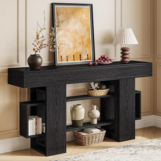 63 Inch Long Console Table for Entryway, Modern Wooden Sofa Table Behind Couch with 3-Tier Storage Shelf, Narrow Entry Accent Table for Living Room, Hallway, Foyer, Black