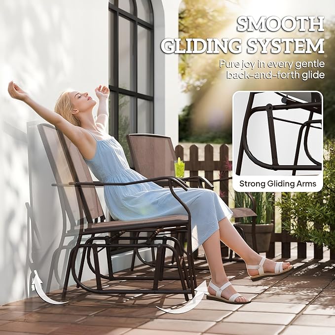 Outsunny Outdoor Glider Chairs with Coffee Table, Patio 2-Seat Rocking Chair Swing Loveseat with Breathable Sling for Backyard, Garden, and Porch, Coffee Brown