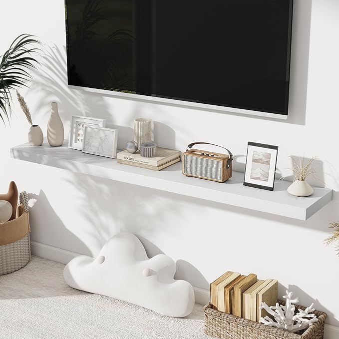 Fun Memories 55 Inch Long Floating Shelves for Wall, 8" Deep Floating Shelves for Bathroom Living Room Bedroom, Rustic Wall Mounted Shelf with Invisible Heavy-Duty Bracket, Set of 2, White