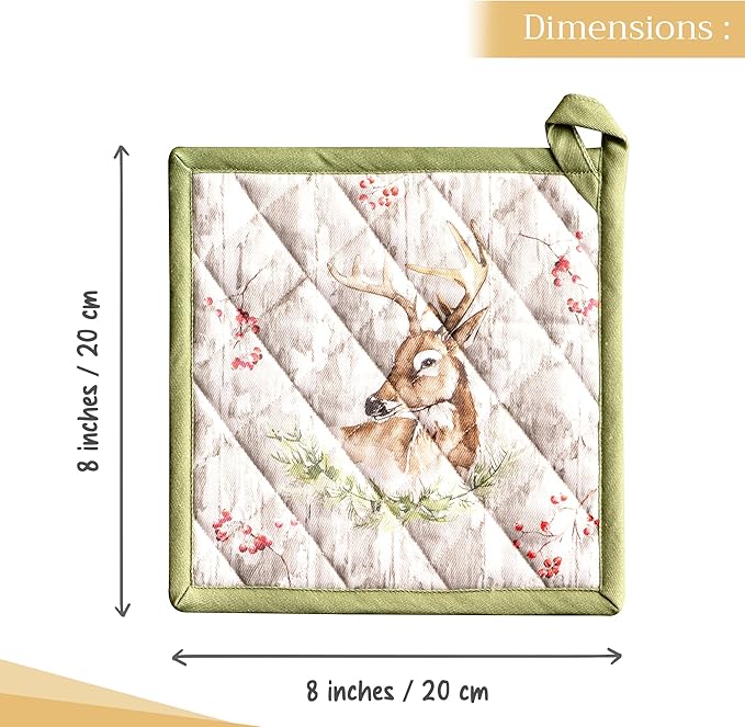 Maison d' Hermine Pot Holders Set 100% Cotton Heat Resistant Potholders 8" x 8" Hot Pads with Loop for Thanksgiving Christmas Decorations BBQ Baking Handling Hot Pans (Pack of 2, Mountain Life)