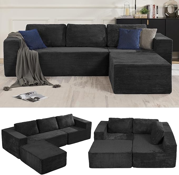 106" Modular Sectional Sofa with L-Shape Chaise, Right/Left Facing Deep Seat Cloud Couch, No Assembly Required, Upholstered Couch for Living Room Bedroom (Plush Corduroy Fabric, Black)