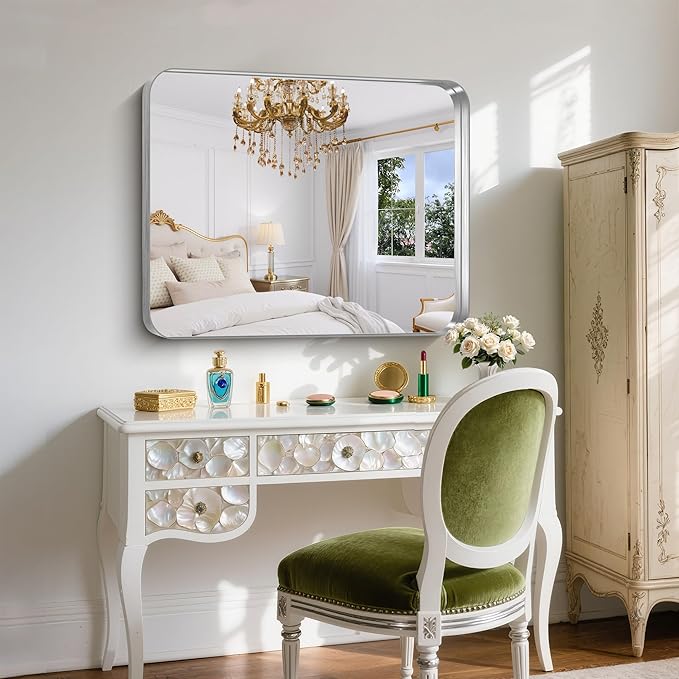 FORBATH 30x36 Inch Bathroom Mirror, Brushed Silver Deep Frame Wall Mirror with Rounded Corners, Anti-Rust Tempered Glass for Modern Farmhouse Vanity (Horizontal/Vertical Hanging)