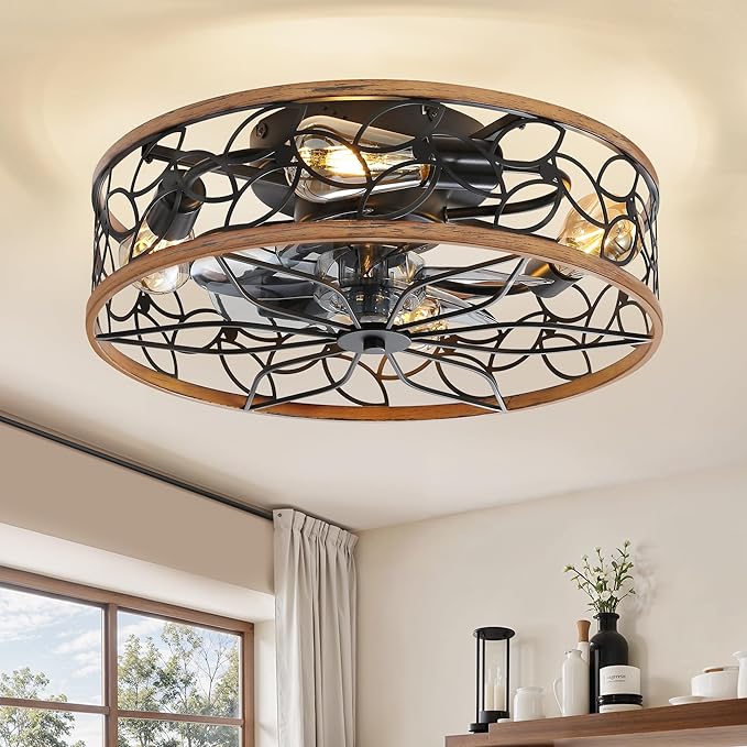 LEDIARY Caged Ceiling Fans with Lights, Farmhouse Flush Mount Ceiling Fan with Remote, Black&Walnut Low Profile Ceiling Fan Light Fixture for Bedroom, Kitchen, Dining Room.